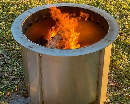 OP Machine and Fabrication metal fire pit with flames and outdoor design