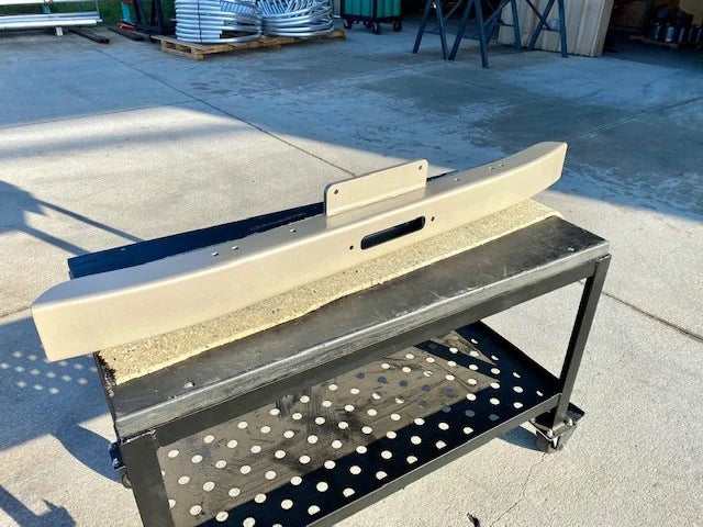 OP Machine and Fabrication custom workbench with metal platform and wooden top
